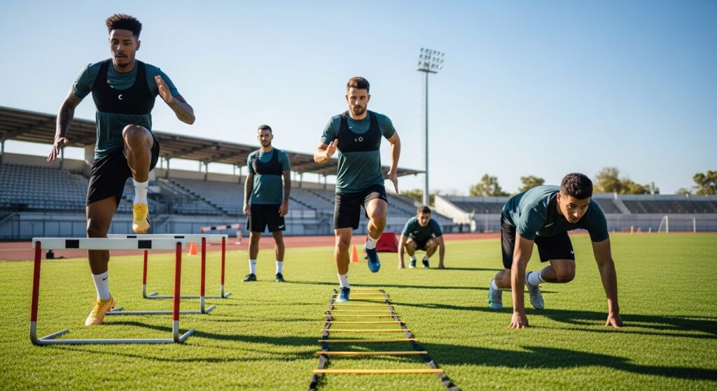 Soccor Football players performing speed and agility drills inspired by track and field techniques