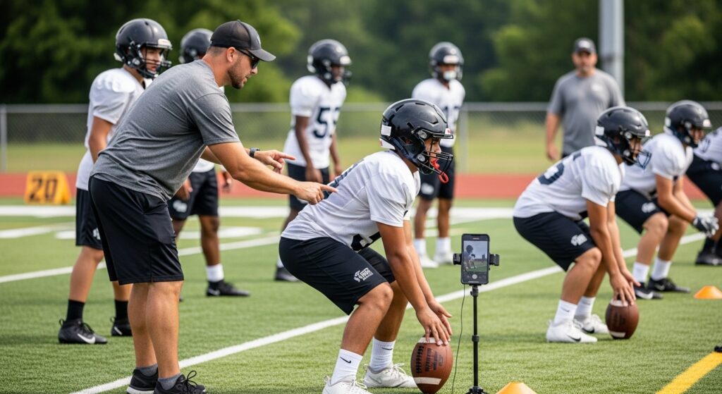 Football coach correcting players’ stance and technique during a practice drill