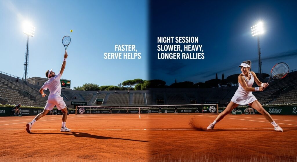 Tennis match at the Italian Open in Rome showing day and night sessions with players adjusting to clay court conditions and rain