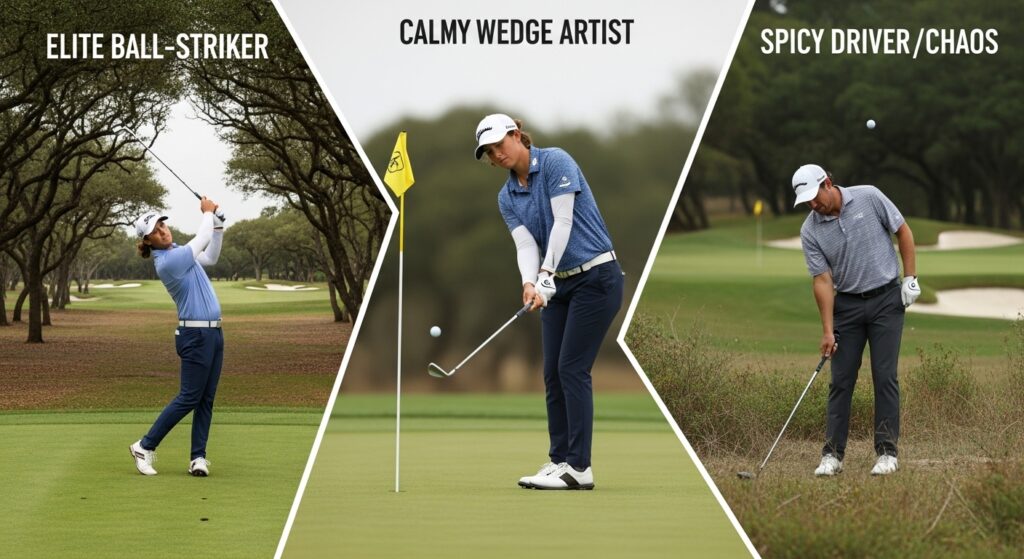 Split image contrasting a calm, precise golfer hitting an iron, a delicate wedge shot, and a frustrated driver in the rough, illustrating successful and struggling player types at TPC San Antonio.