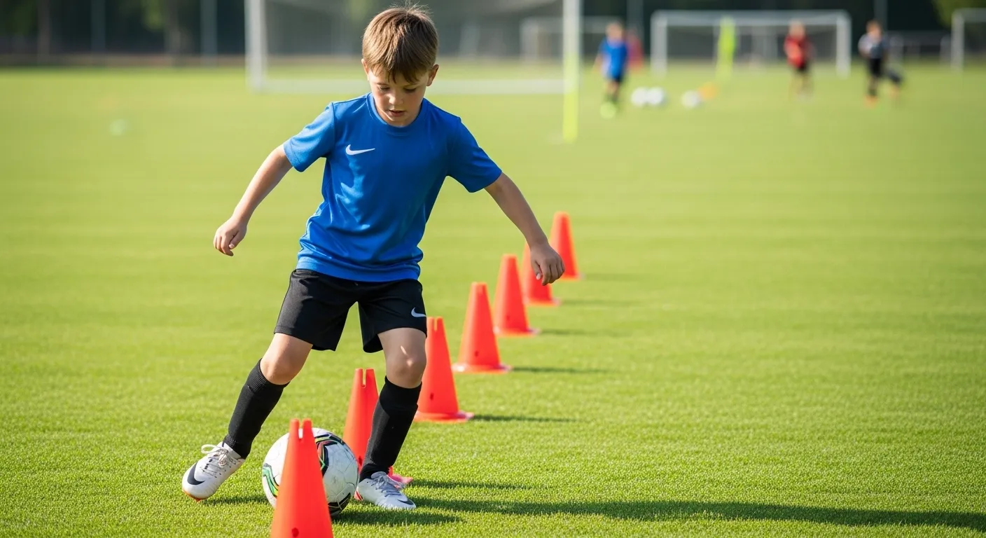 Youth footballer practicing cone dribble drill.
