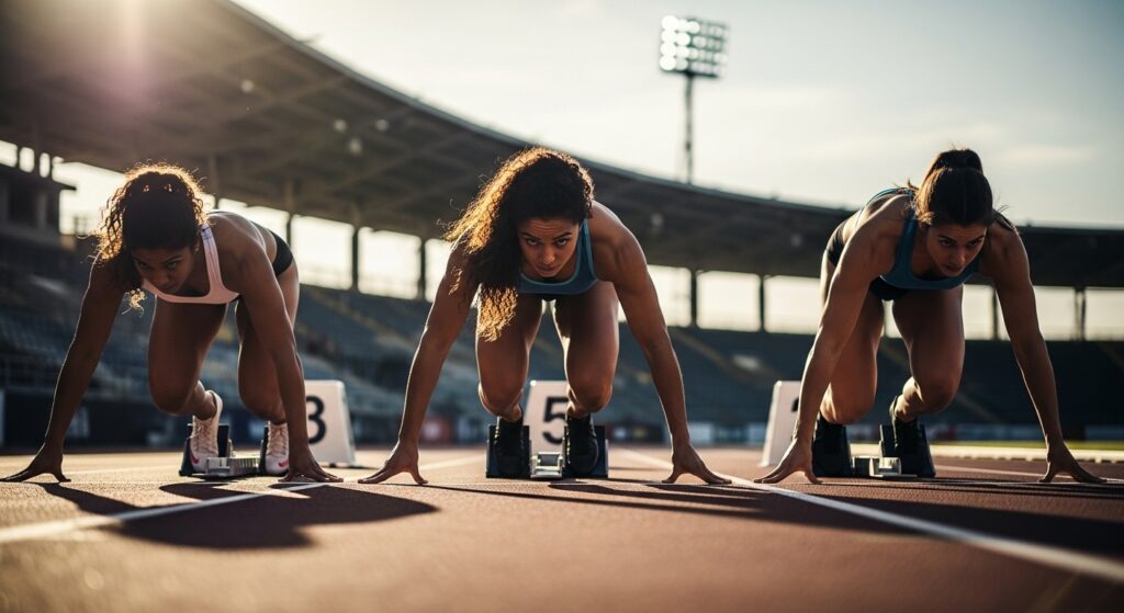 Female sprinters poised in starting blocks on track before 100m race, focused and ready for sprint start.
