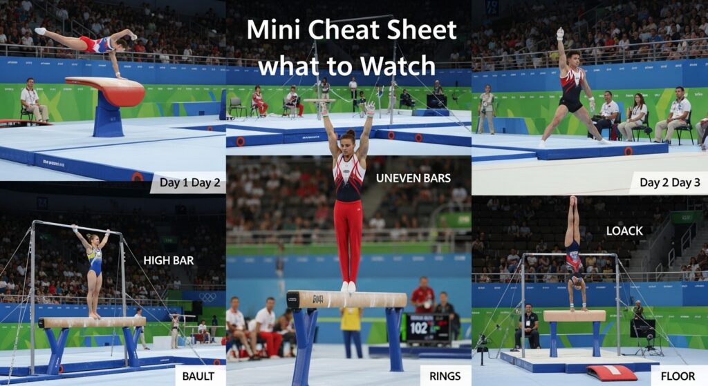 Gymnasts performing on vault, uneven bars, balance beam, floor, rings, pommel horse, and high bar at the Olympics