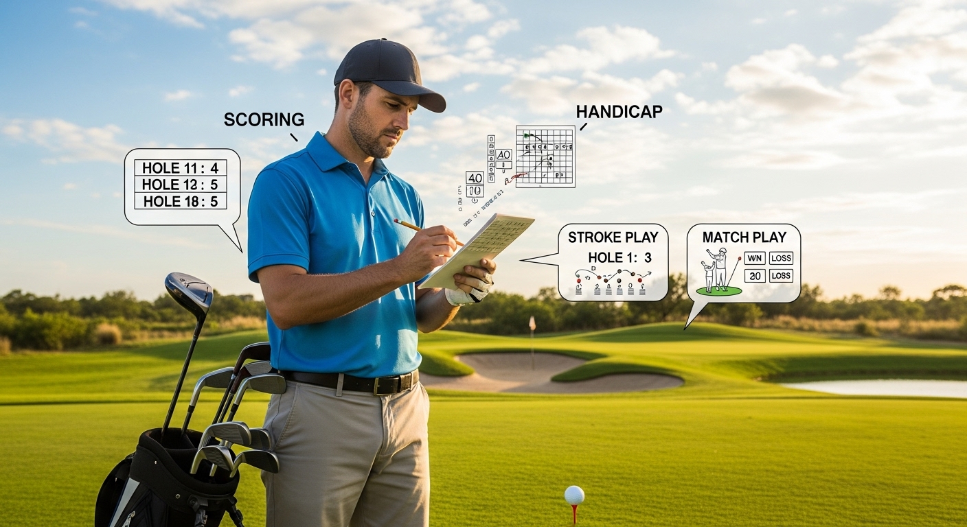 Golfer with scorecard, clubs, and ball illustrating golf terms like scoring, handicap, stroke play, and match play