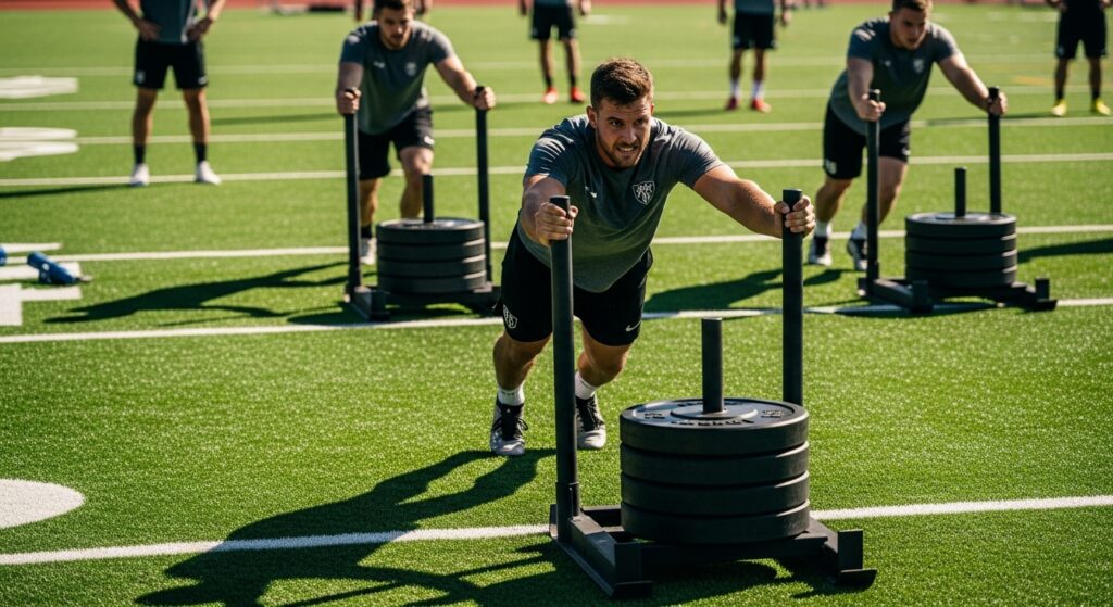 Football athlete performing weighted sled push drill.