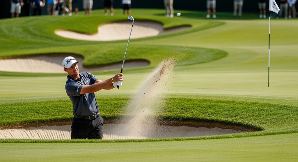 A professional golfer hits an approach shot towards a green marked with a Truist Championship flag during tournament action at the 2025 Signature Event.