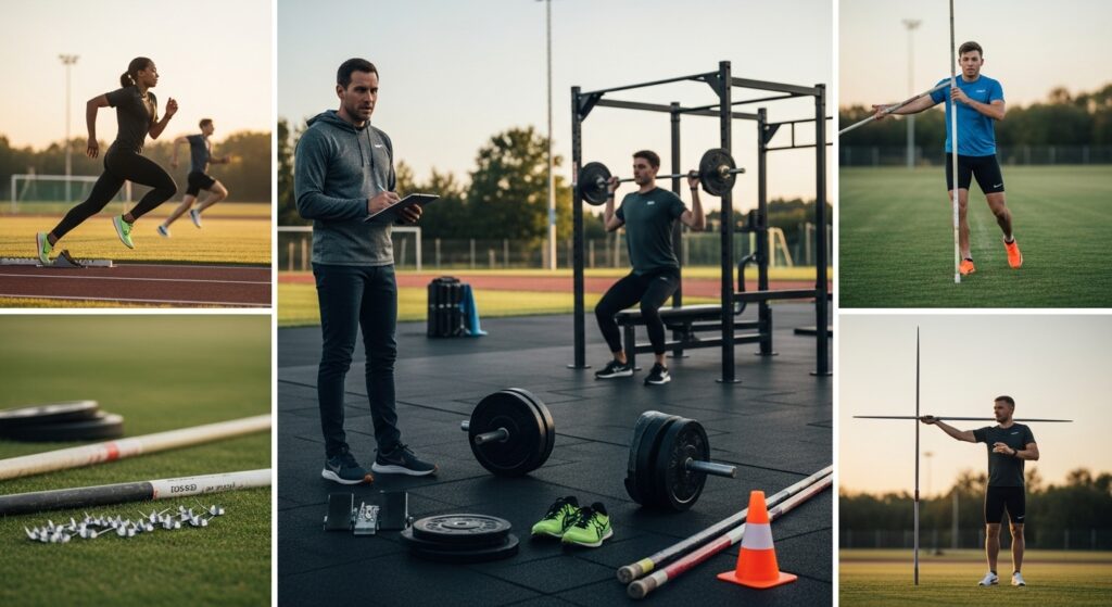 Coach supervising decathlon athletes training across sprinting, lifting, pole vault, and javelin practice, illustrating balanced multi-event preparation.