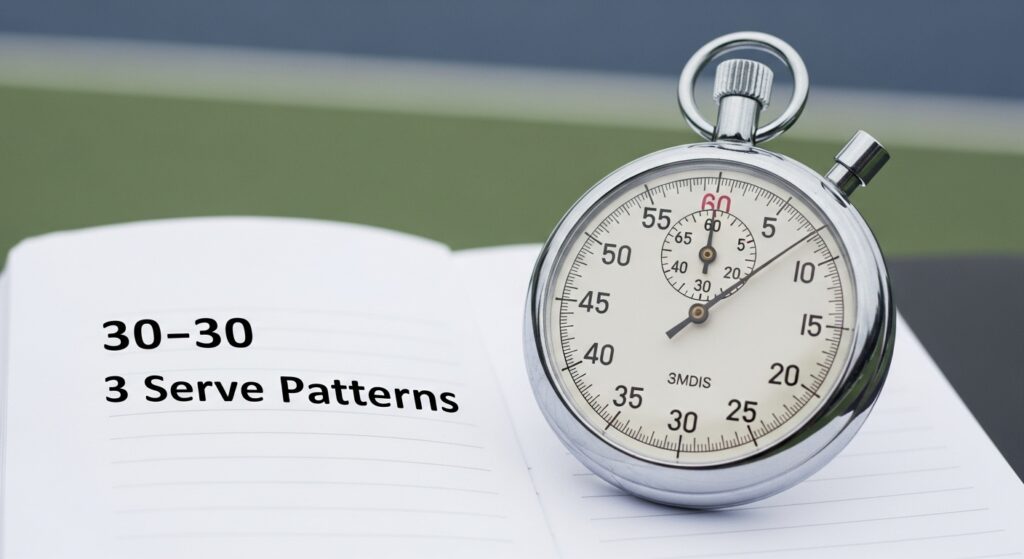 Minimalist image showing a stopwatch resting on a notebook page with the key tennis metrics '30-30' and '3 Serve Patterns,' representing content planning using simple, essential data.