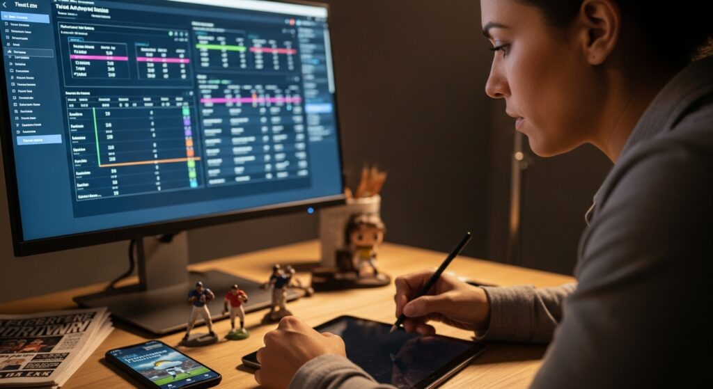 Person at a desk making strategic fantasy football decisions using analytics on a tablet and monitor, accounting for unpredictable factors like news and weather