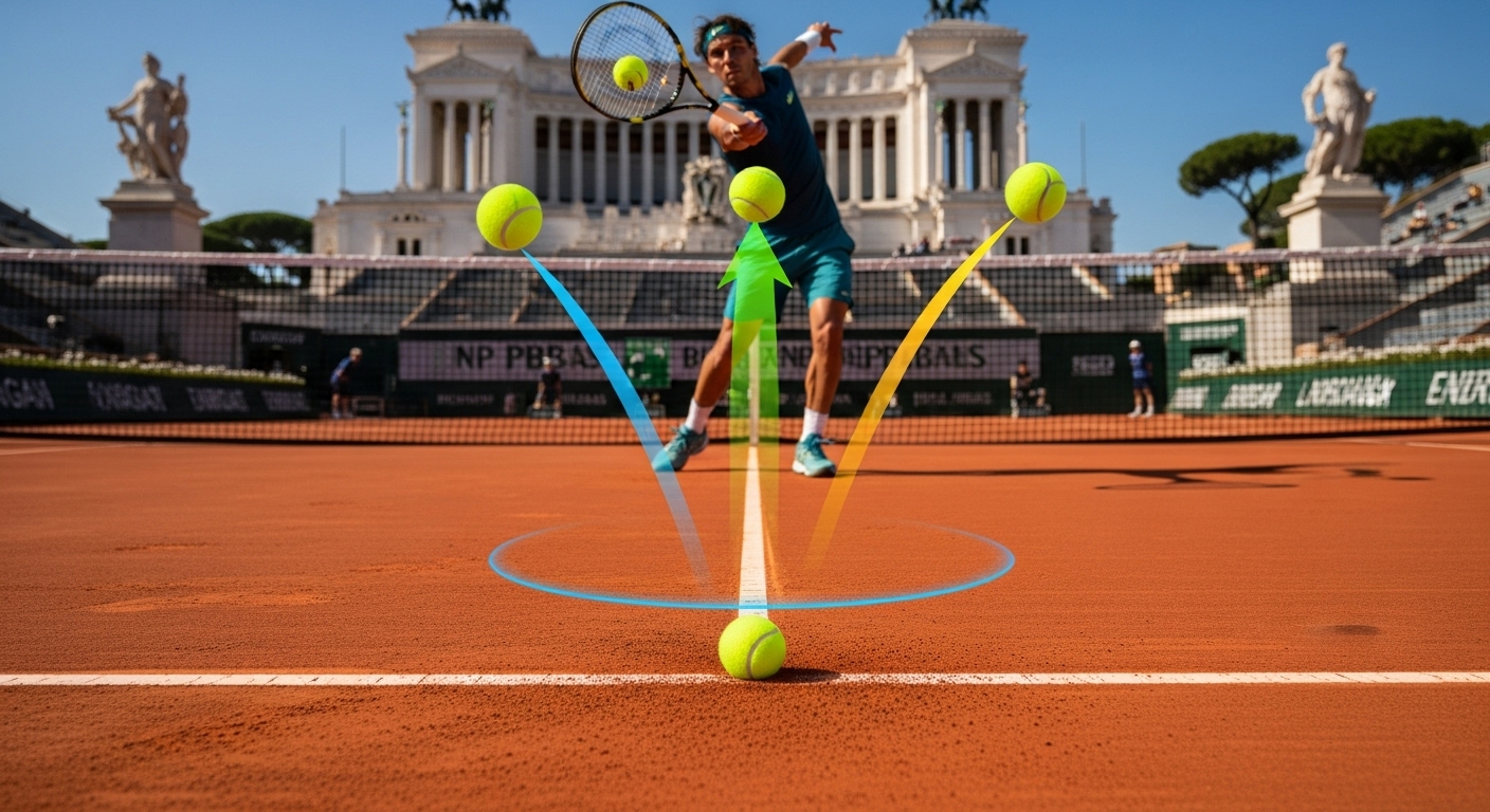 A photorealistic image showing a sculpted plume of red clay dust rising from the court, symbolizing the high bounce of a heavy topspin shot at the Italian Open Foro Italico stadium.