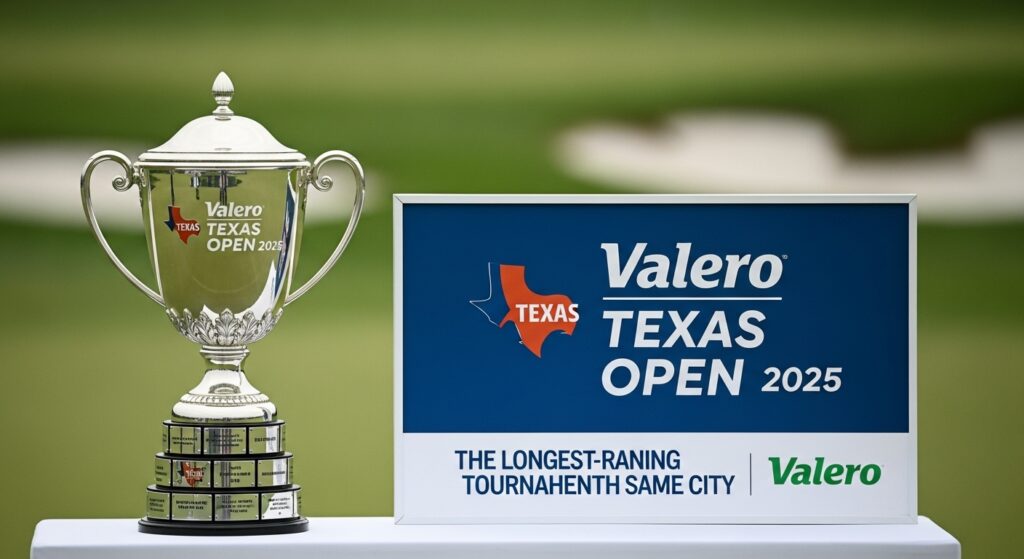 A close-up of the official Valero Texas Open 2025 golf tournament trophy with the Valero sponsor branding clearly visible.