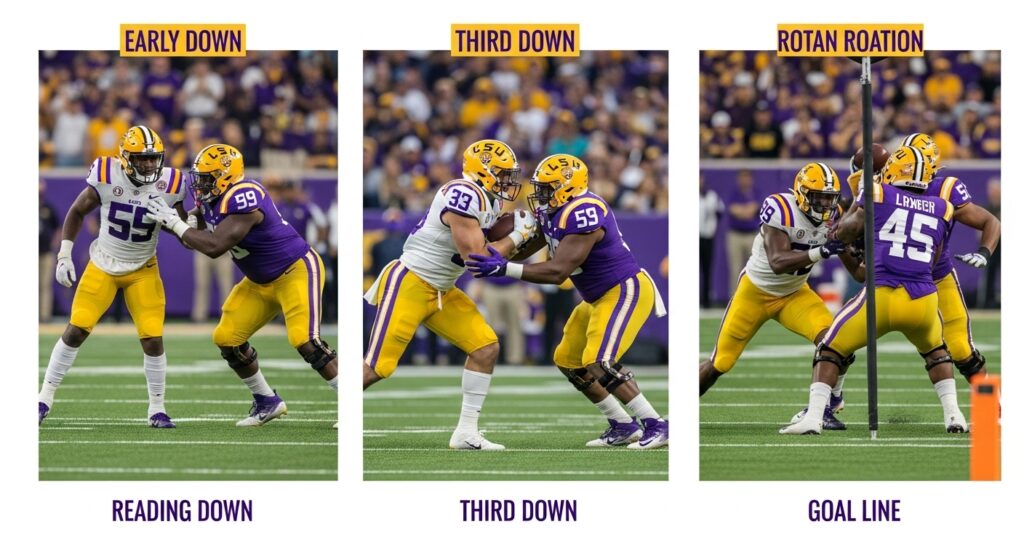 LSU running backs showcasing rotation roles — early-down vision, third-down blitz pickup, and goal-line power run illustrating position strategy.