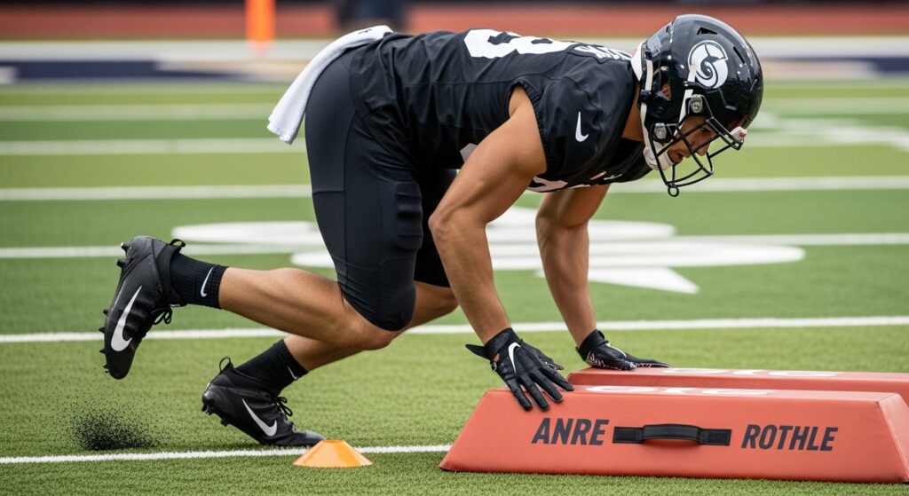 Football player performing a change-of-direction drill with proper hip and foot technique