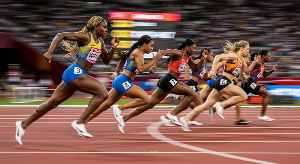 Women sprinters in full stride during 100m race, showcasing speed, power, and competition on track.