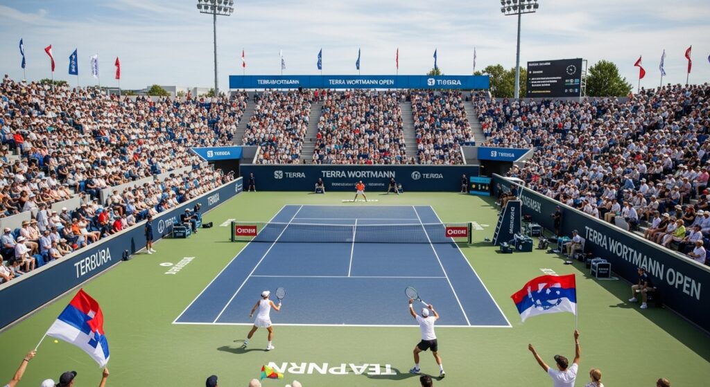 Players competing at the Terra Wortmann Open tennis event with cheering spectators in the stadium