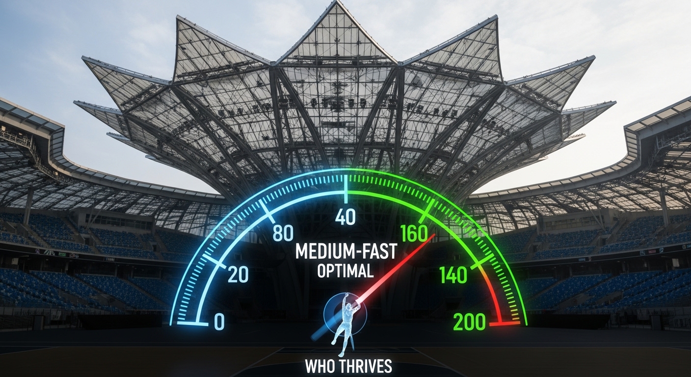 Stylized graphic of a speedometer overlaid on a photo of the Qizhong Forest Sports City Arena roof, with the needle pointing to 'Medium-Fast' court speed.