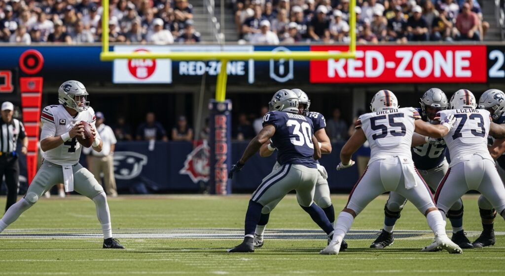 Football players in action inside the red zone during a third-down play, emphasizing game-critical moments