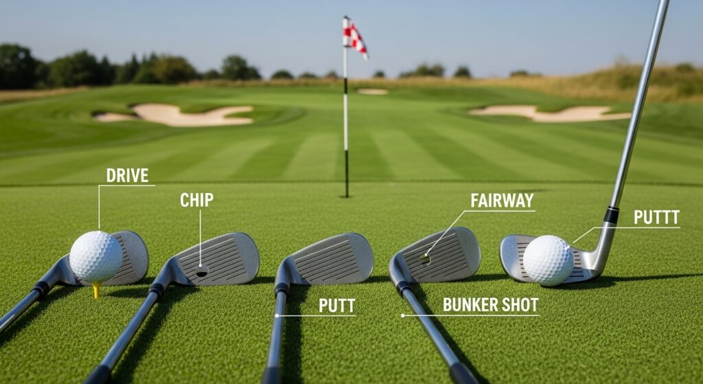 golf terms illustrated with clubs and course