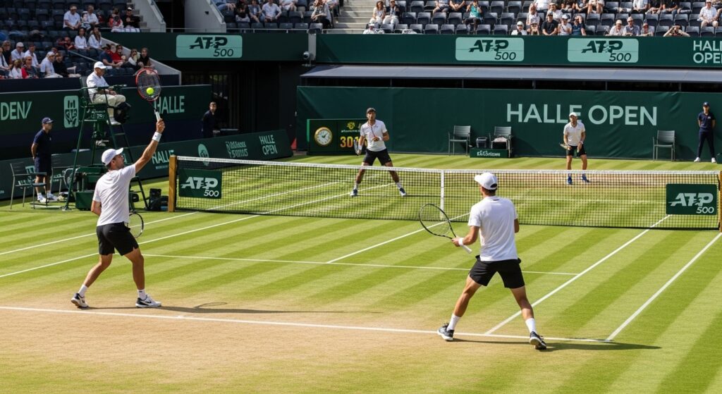 Tennis players competing on fast grass courts at the Halle Open ATP 500 tournament, highlighting serve and forehand play