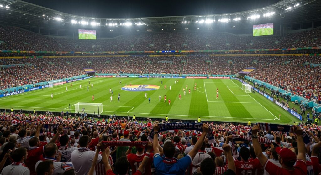 Packed stadium with fans cheering as players compete in a FIFA World Cup match