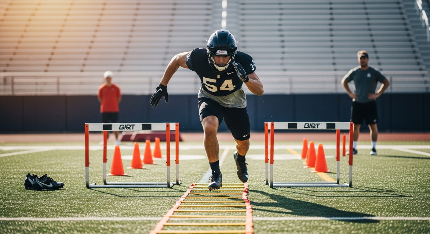 Football player performing speed and agility drills on the field