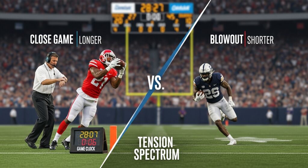 Dramatic image contrasting a tense, sideline catch during a close football game with a running play in a blowout, visually representing how game intensity affects duration.