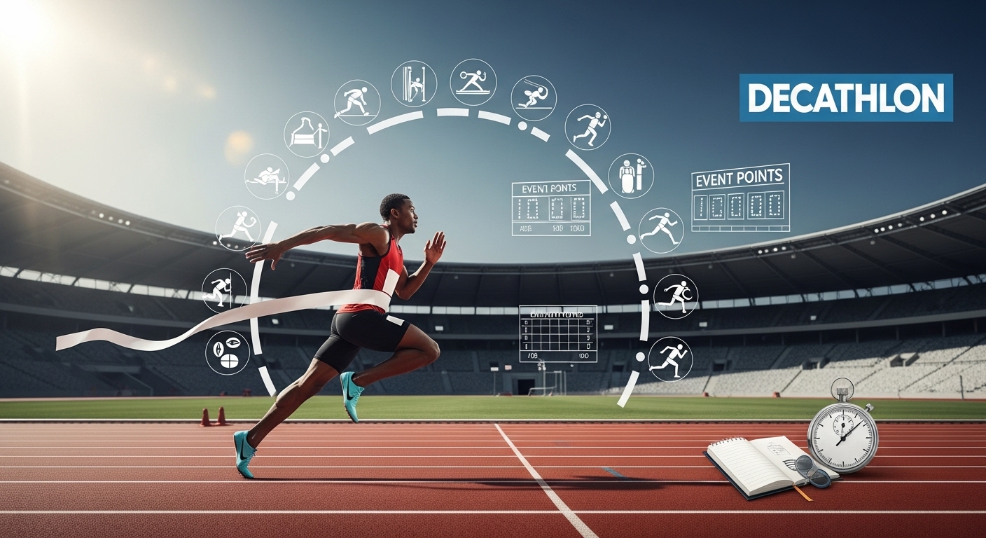 Comprehensive decathlon graphic showing all ten events in order with athlete action shots, scoring visuals, and training theme design.