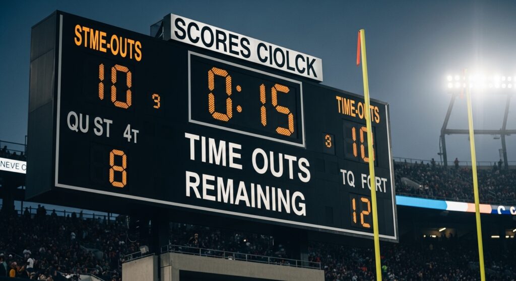 Close-up of a football stadium scoreboard clock showing low time remaining and the count for timeouts, visually representing the stop-and-start duration of a football game.