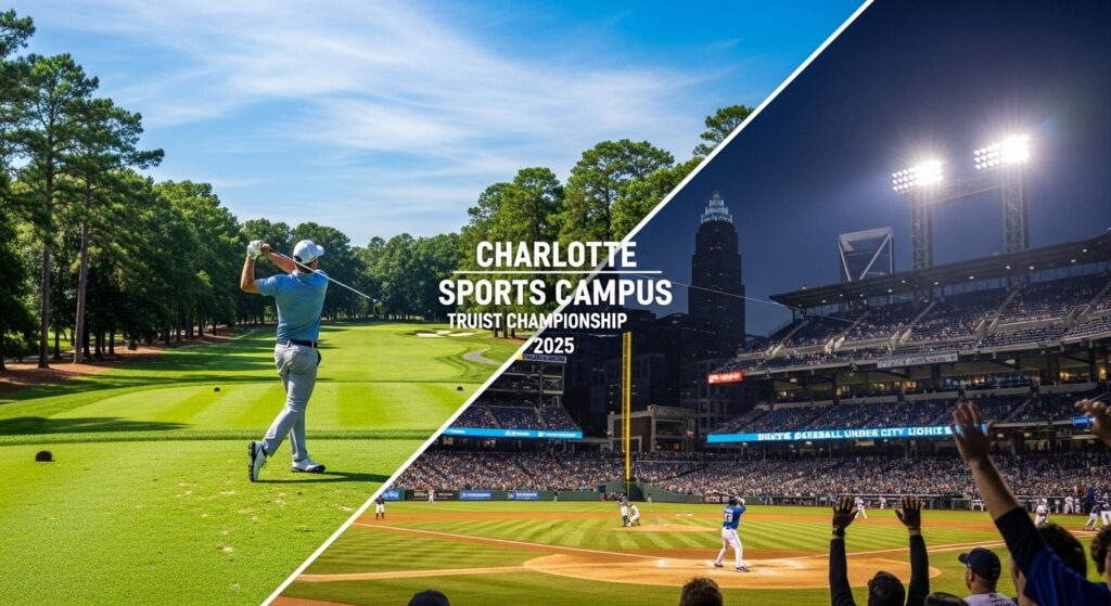 Split image showcasing a golfer swinging on a green course and a baseball stadium lit up at night, representing the "Charlotte sports campus" experience of the Truist Championship 2025.