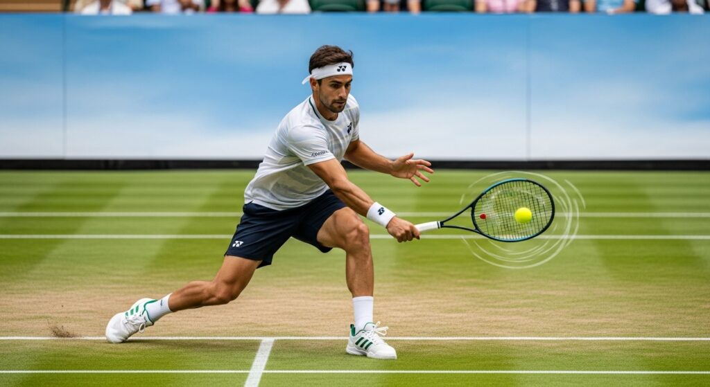 Tennis player executing a fast, low-bounce shot on a grass court, demonstrating quick, choppy footwork