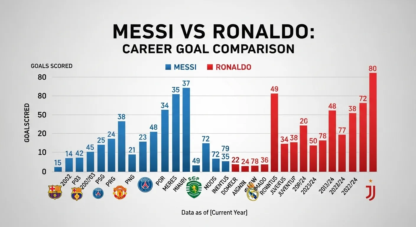 Messi vs Ronaldo career goals comparison chart.
