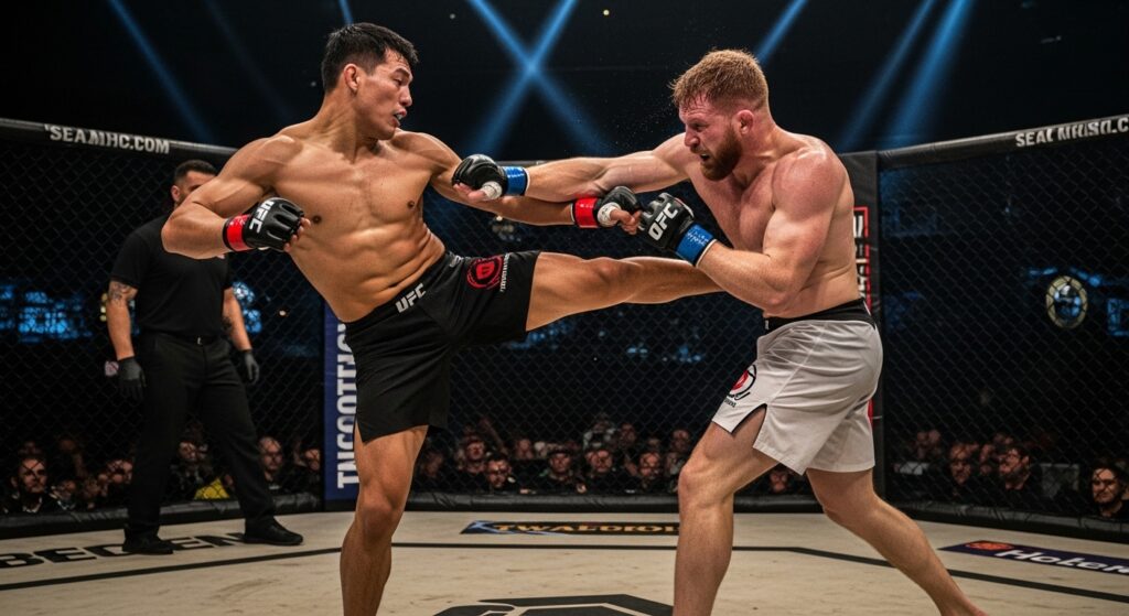 MMA fighters exchanging kicks and blocks inside an octagon during an intense championship match.