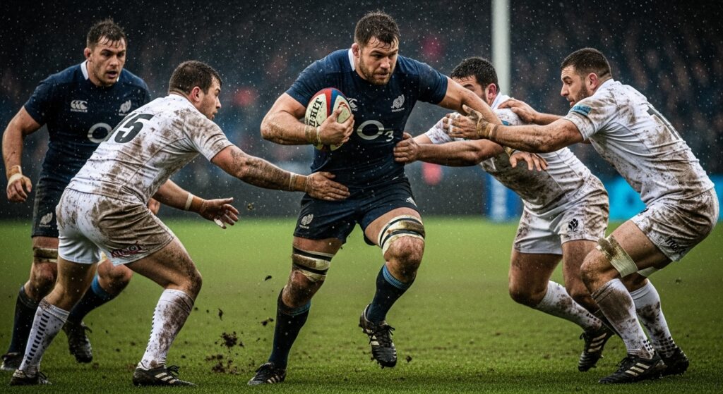 Rugby player carrying the ball through defenders during a muddy, high-intensity match.