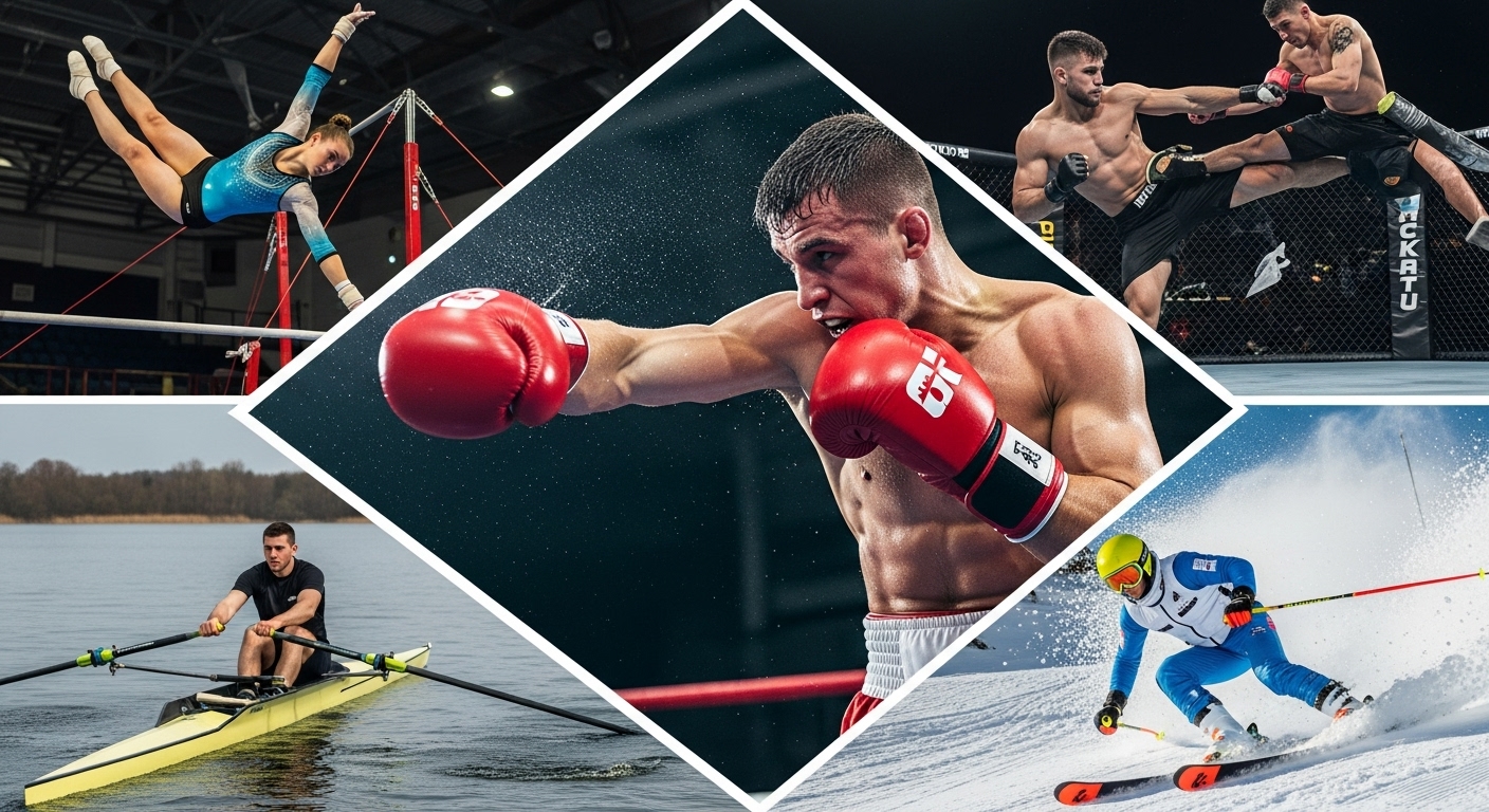 Photo collage of athletes from boxing, gymnastics, MMA, rowing, and skiing representing the world’s hardest sports.