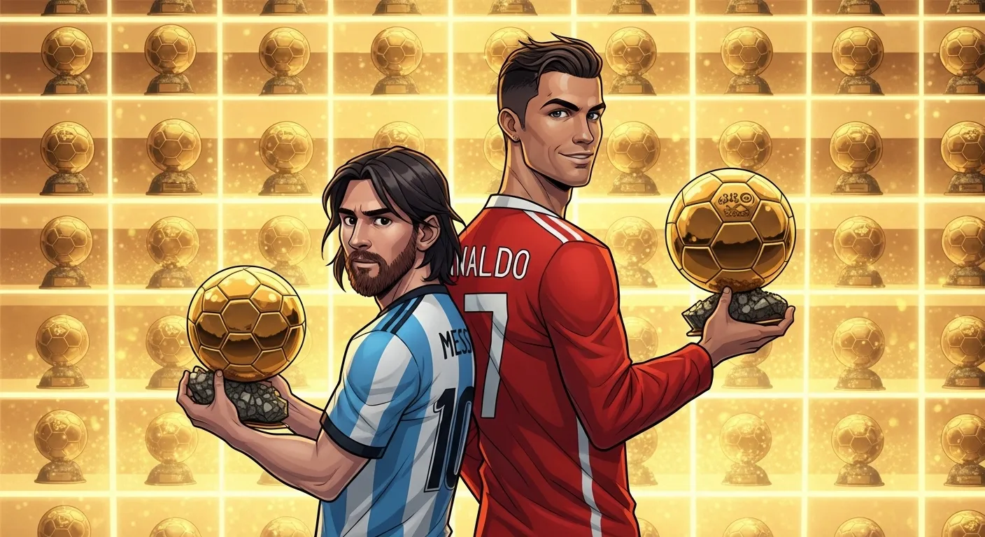 Messi and Ronaldo with their Ballon d’Or trophies.