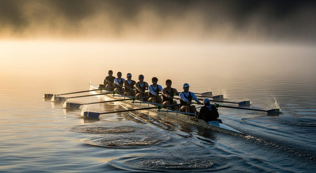 Team of rowers paddling in sync on a misty lake during sunrise training session.