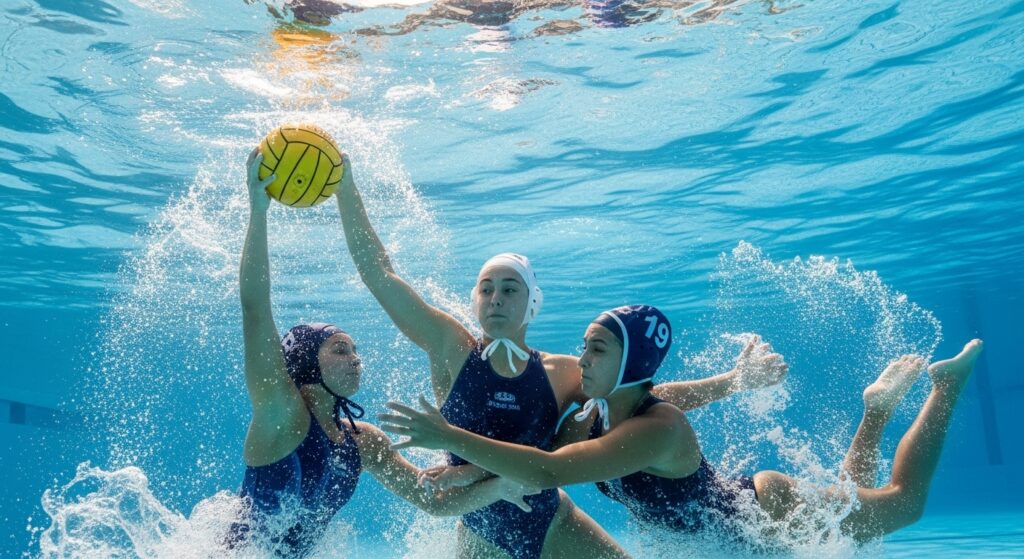 Underwater view of athletes playing water polo, fighting for ball possession amid splashes.
