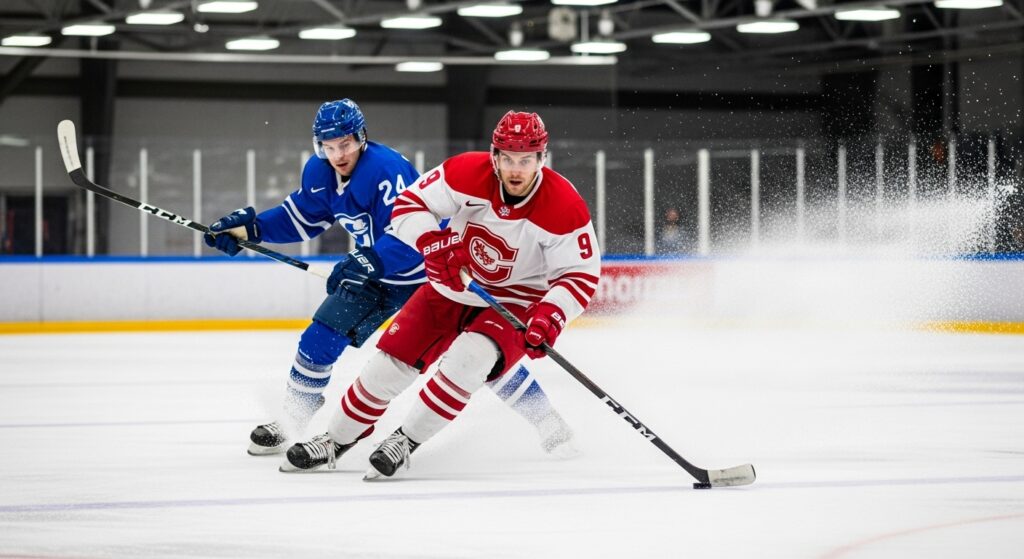 Ice hockey player sprinting across the rink, dodging a tackle as ice sprays from skates.