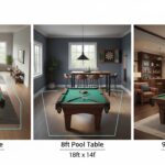 Comparison of pool table sizes (7ft, 8ft, and 9ft) in different room layouts showing ideal space requirements for each.