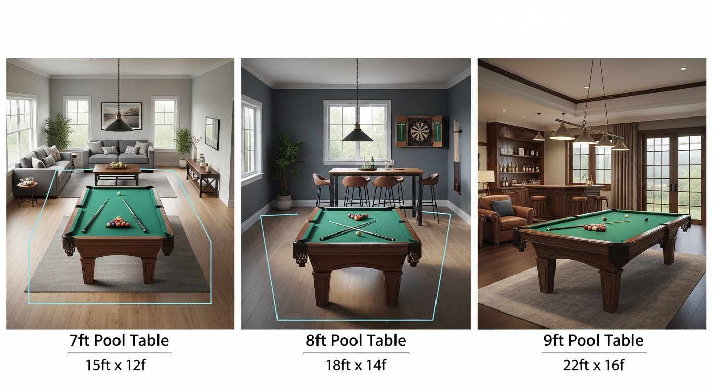 Comparison of pool table sizes (7ft, 8ft, and 9ft) in different room layouts showing ideal space requirements for each.