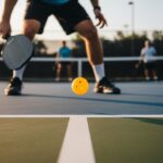 Player performing a legal underhand pickleball serve with ball just above the baseline and non-volley zone (kitchen) line clearly visible.