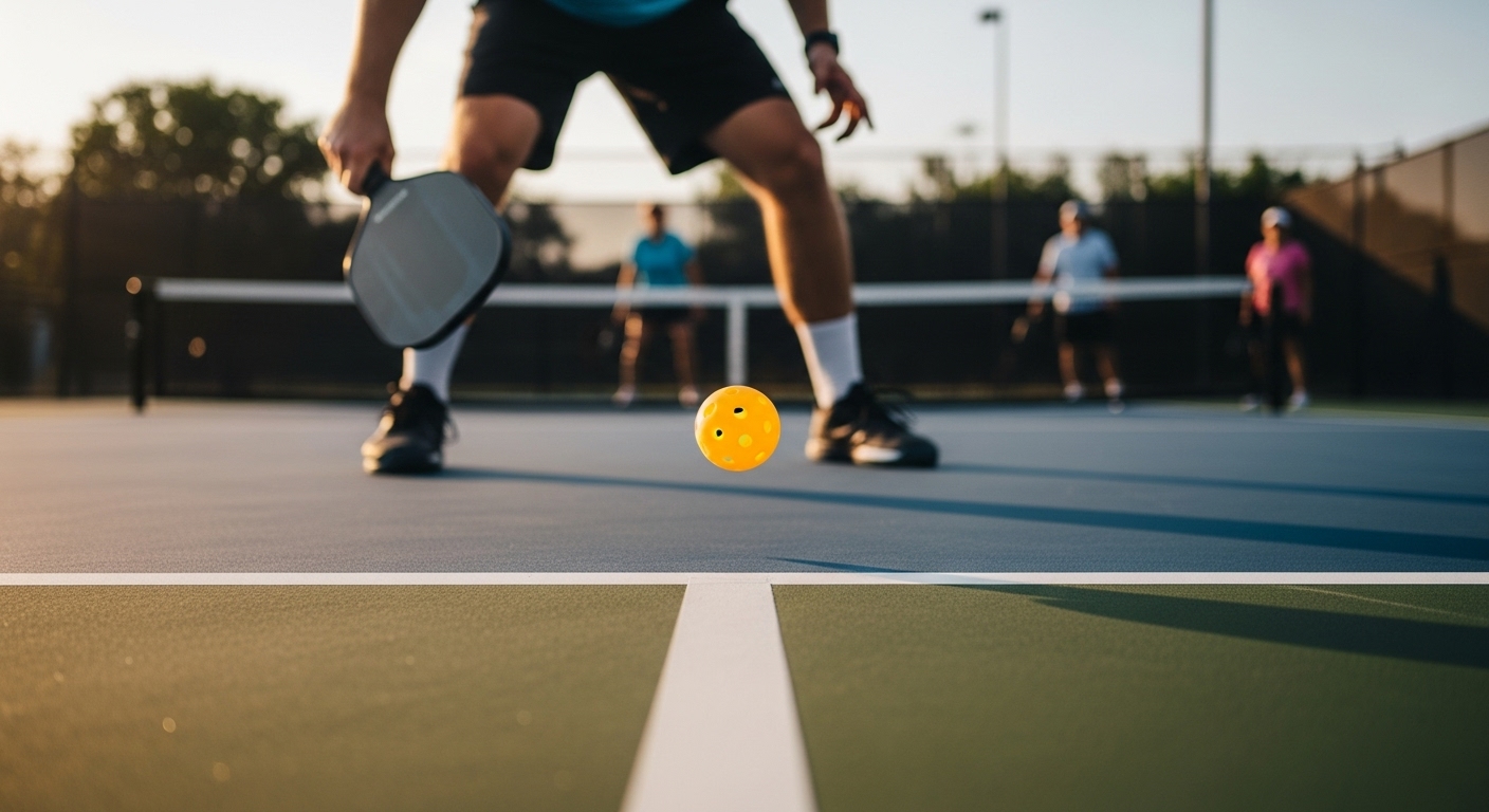 Player performing a legal underhand pickleball serve with ball just above the baseline and non-volley zone (kitchen) line clearly visible.