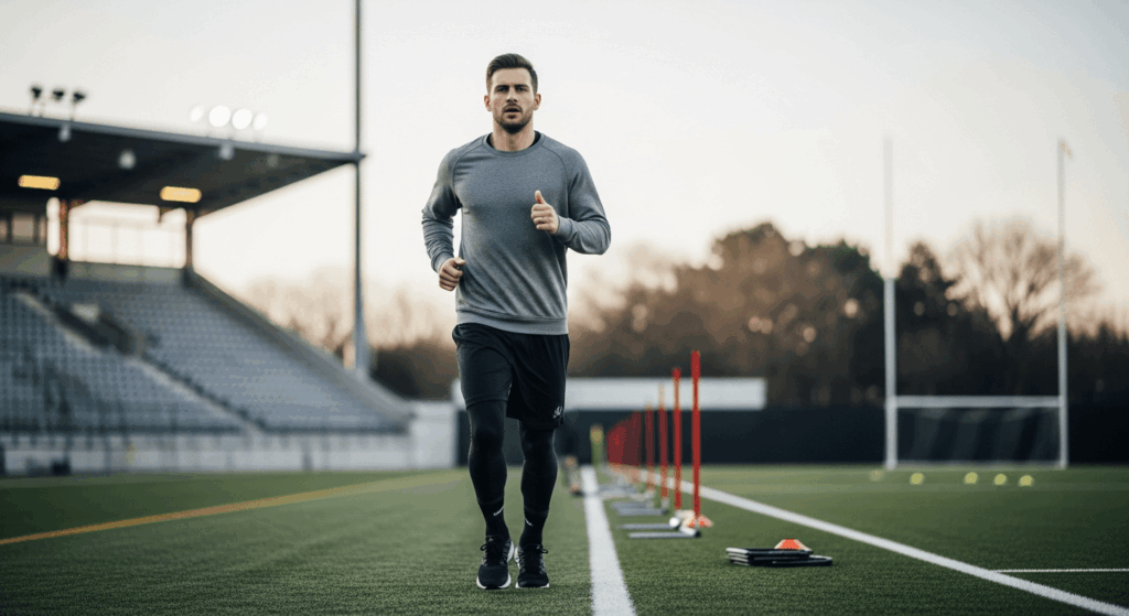 Athlete jogging on sideline during rehab period