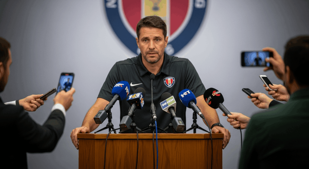 Coach at podium giving vague injury updates to reporters