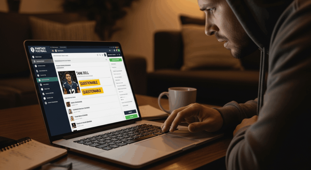 Fantasy football manager checking lineup on laptop with Tank Dell highlighted as “Questionable”