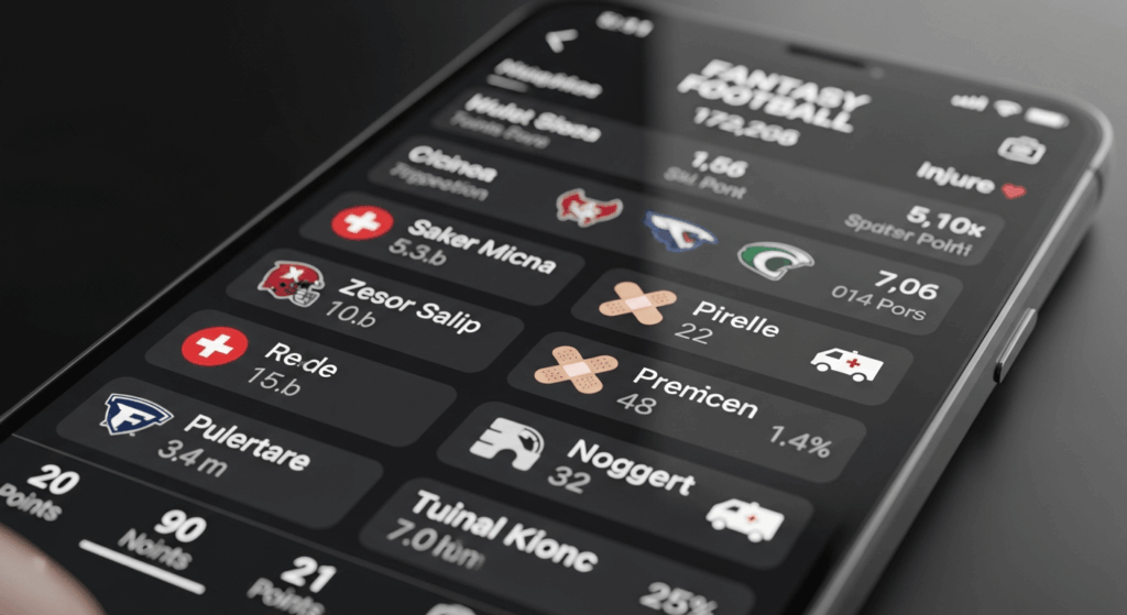 Phone displaying fantasy football lineup with injury icons