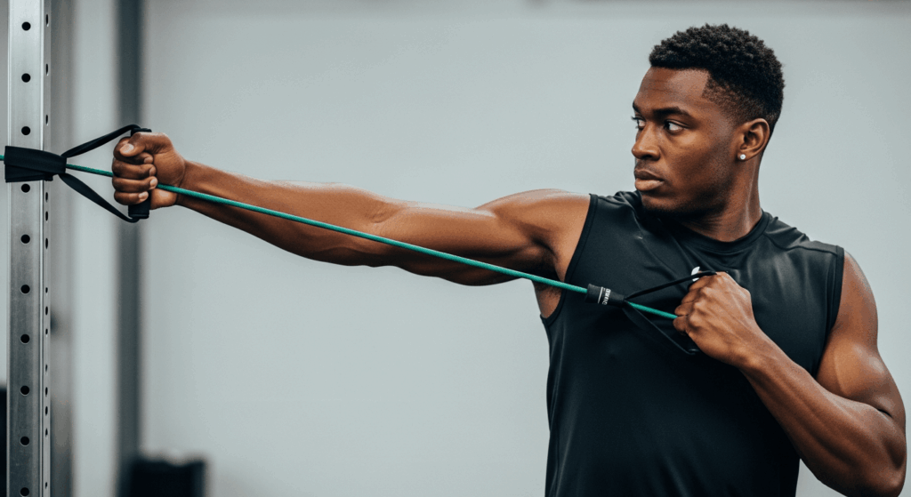 Resistance band shoulder rehab exercise similar to what wide receivers do