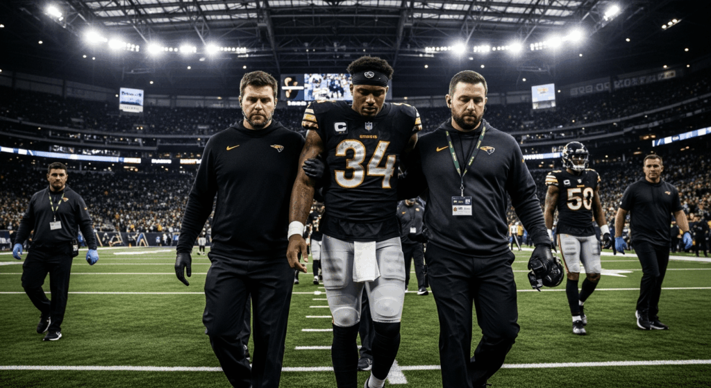 Tank Dell walking off the field with trainers after shoulder injury, stadium lights overhead
