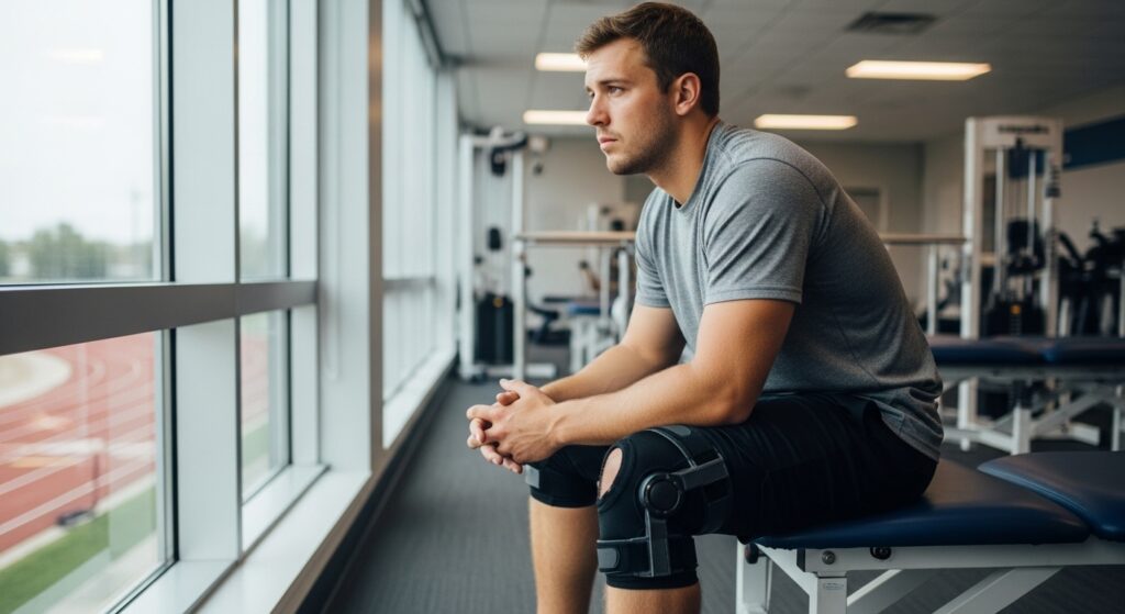 Player sitting on training bench during rehab, reflective look on face